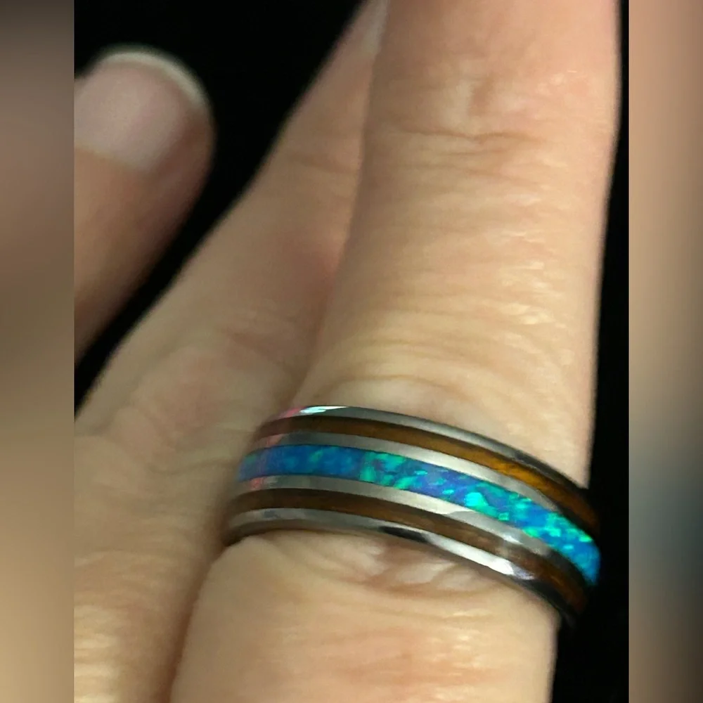 Tungsten Carbide inlaid Hawaiian Koa Wood With Opal Ring Size 9